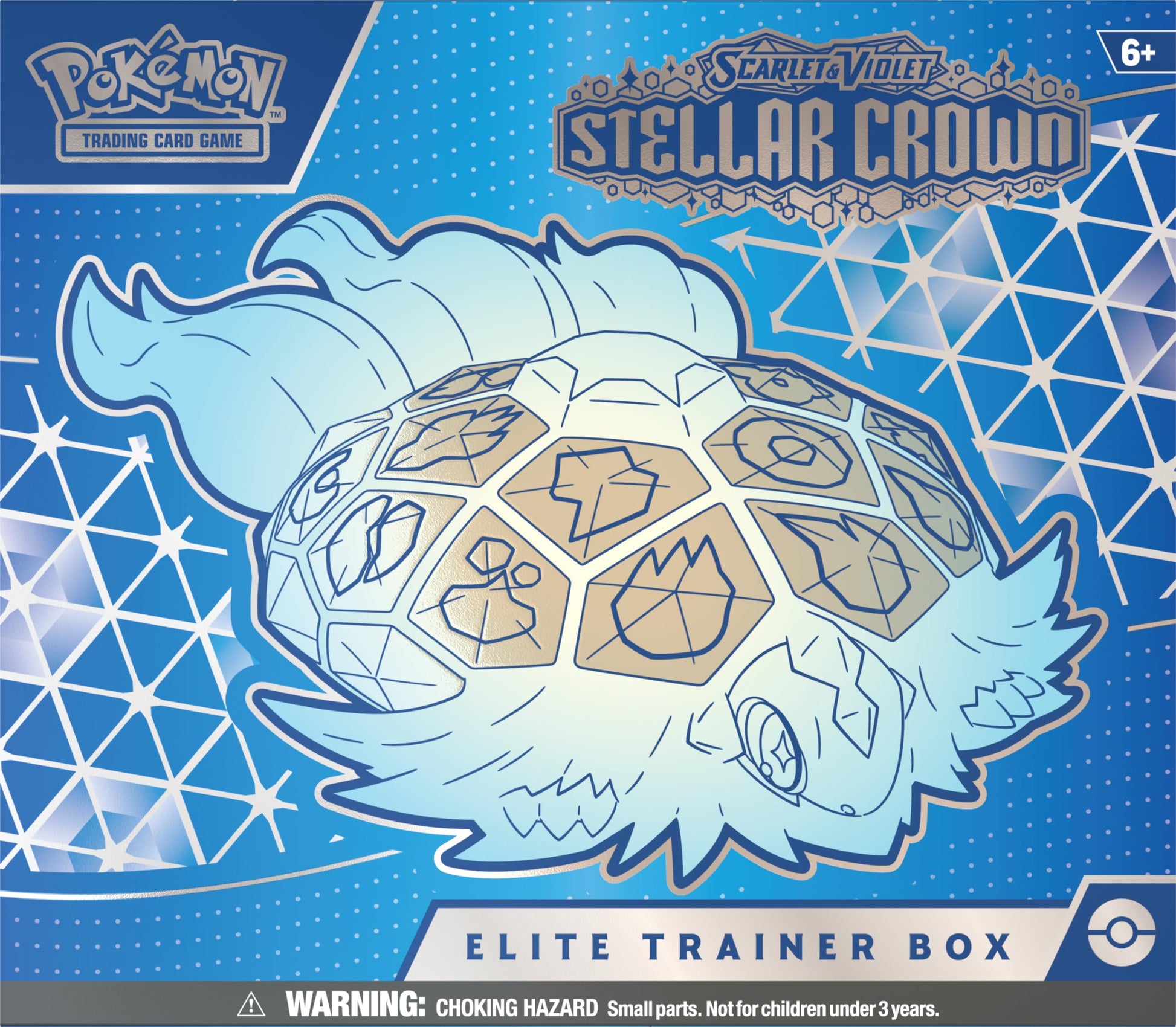 Pokémon Scarlet & Violet Stellar Crowd Elite Trainer Box packaging with turtle-like creature design on blue background.