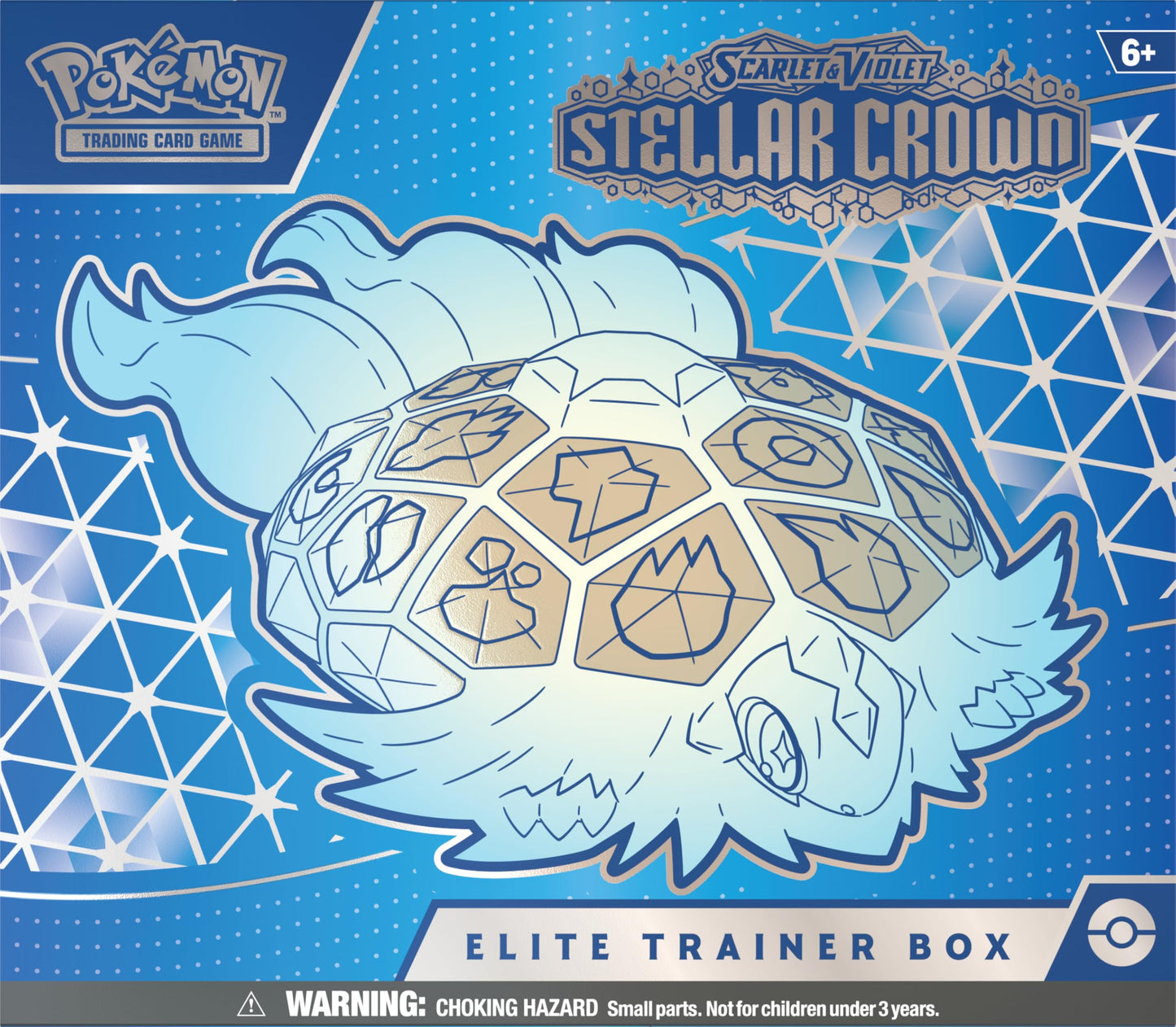 Pokémon Scarlet & Violet Stellar Crowd Elite Trainer Box packaging with turtle-like creature design on blue background.