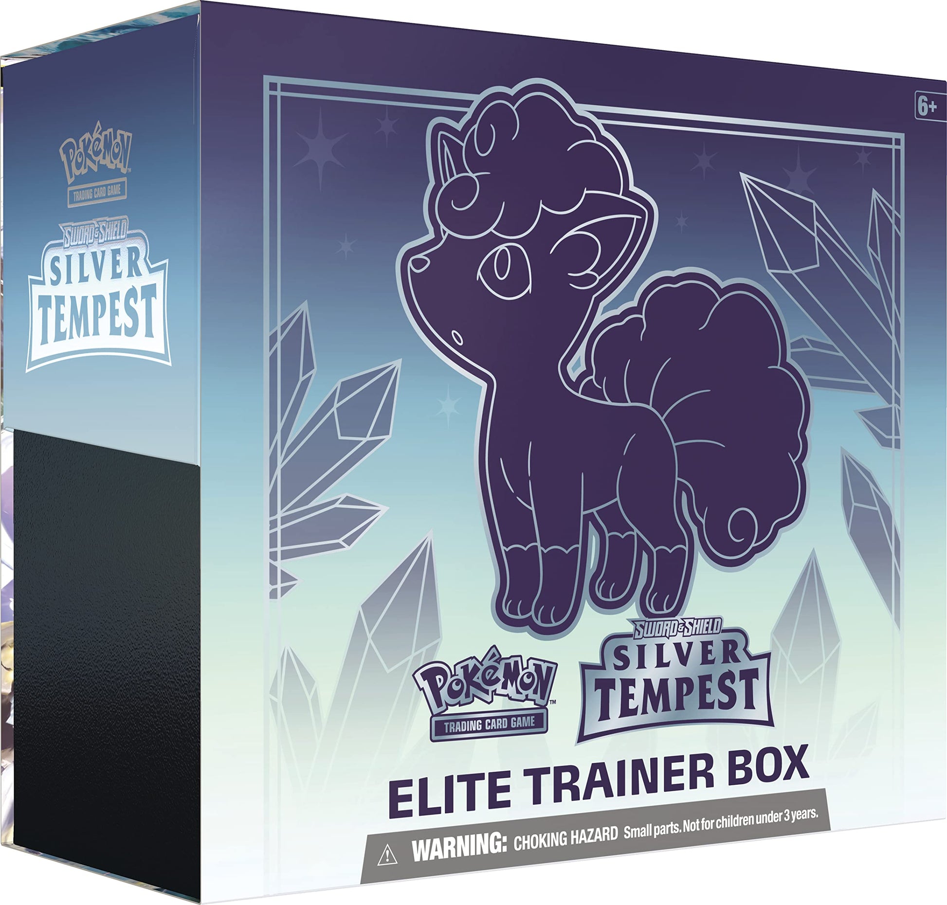 Pokémon Silver Tempest Elite Trainer Box packaging with a purple creature illustration on a gradient background.