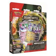 Pokémon trading card game packaging with characters and text on a red and black background