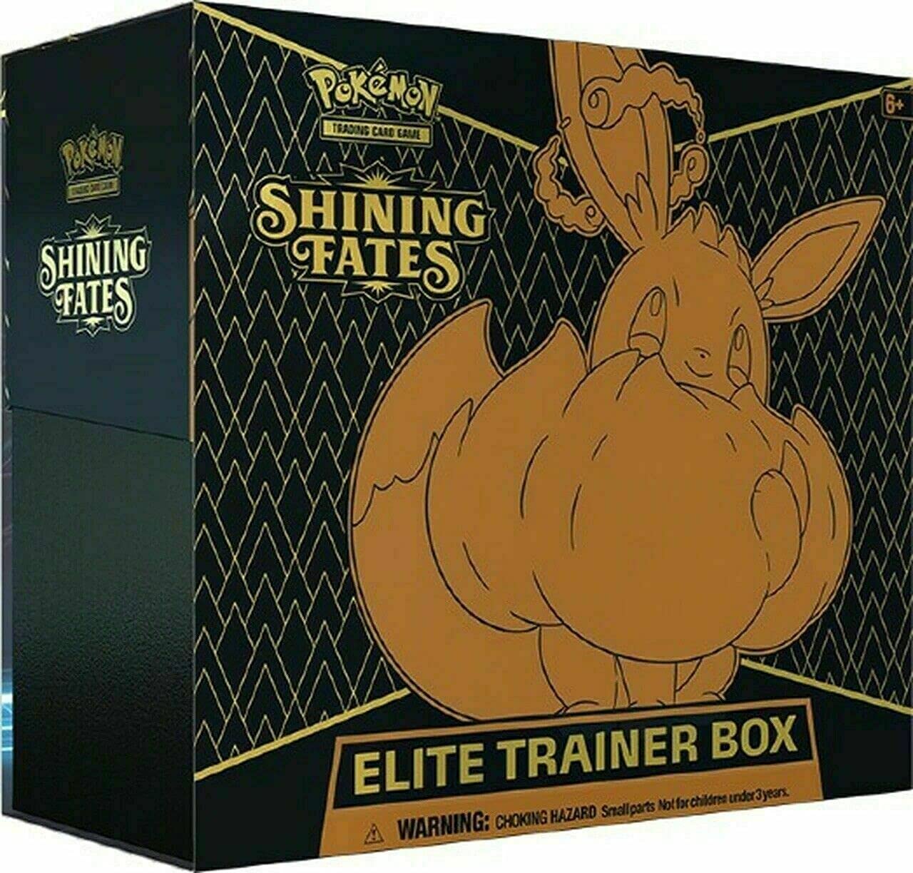 Pokémon Shining Fates Elite Trainer Box with Pokémon character on a black and gold box.