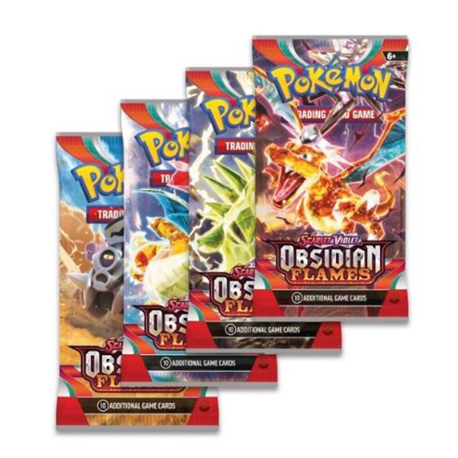 Four Pokemon trading card game packs on a white background