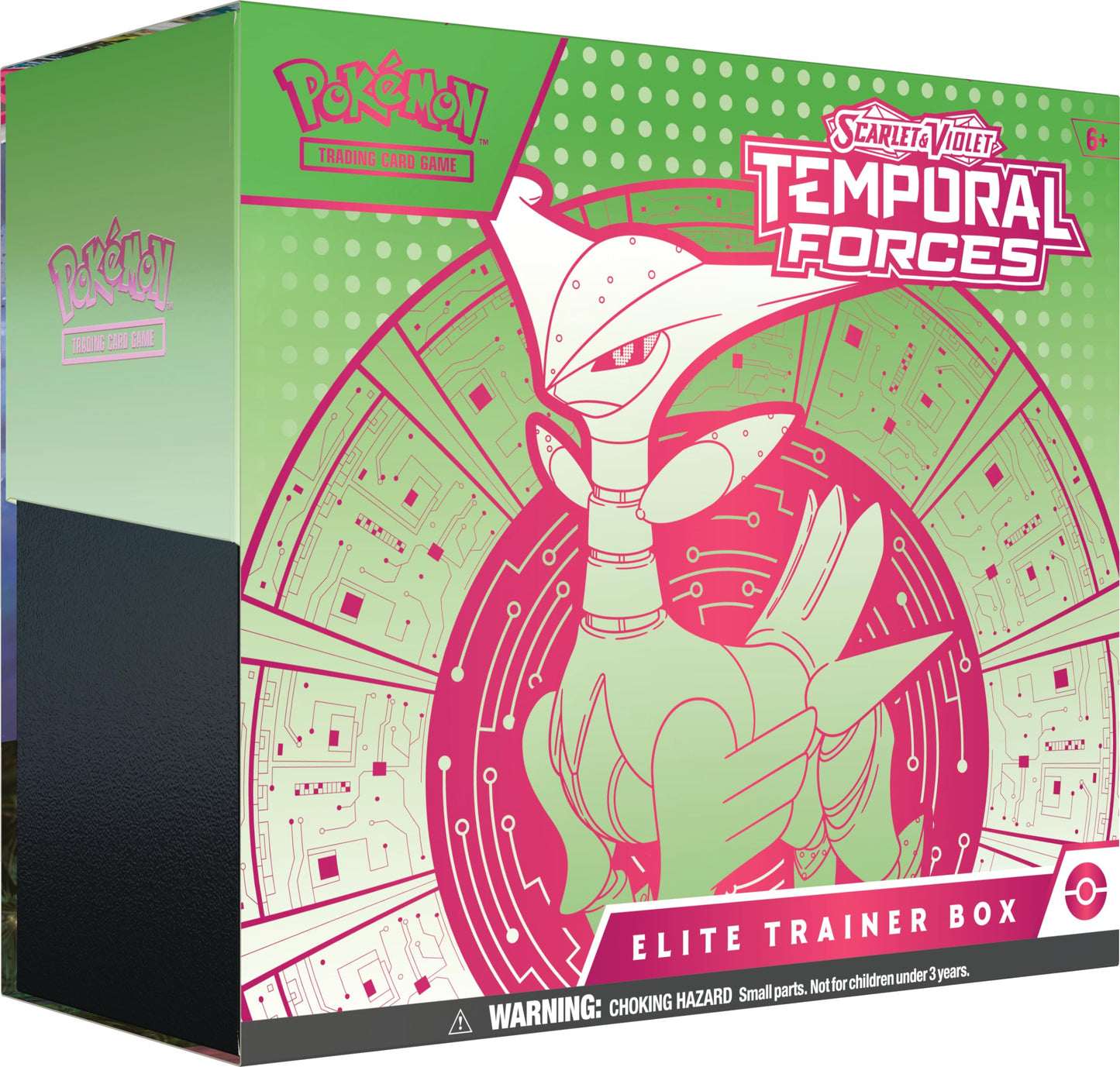 Pokémon Scarlet & Violet Temporal Forces Elite Trainer Box packaging with character illustration.