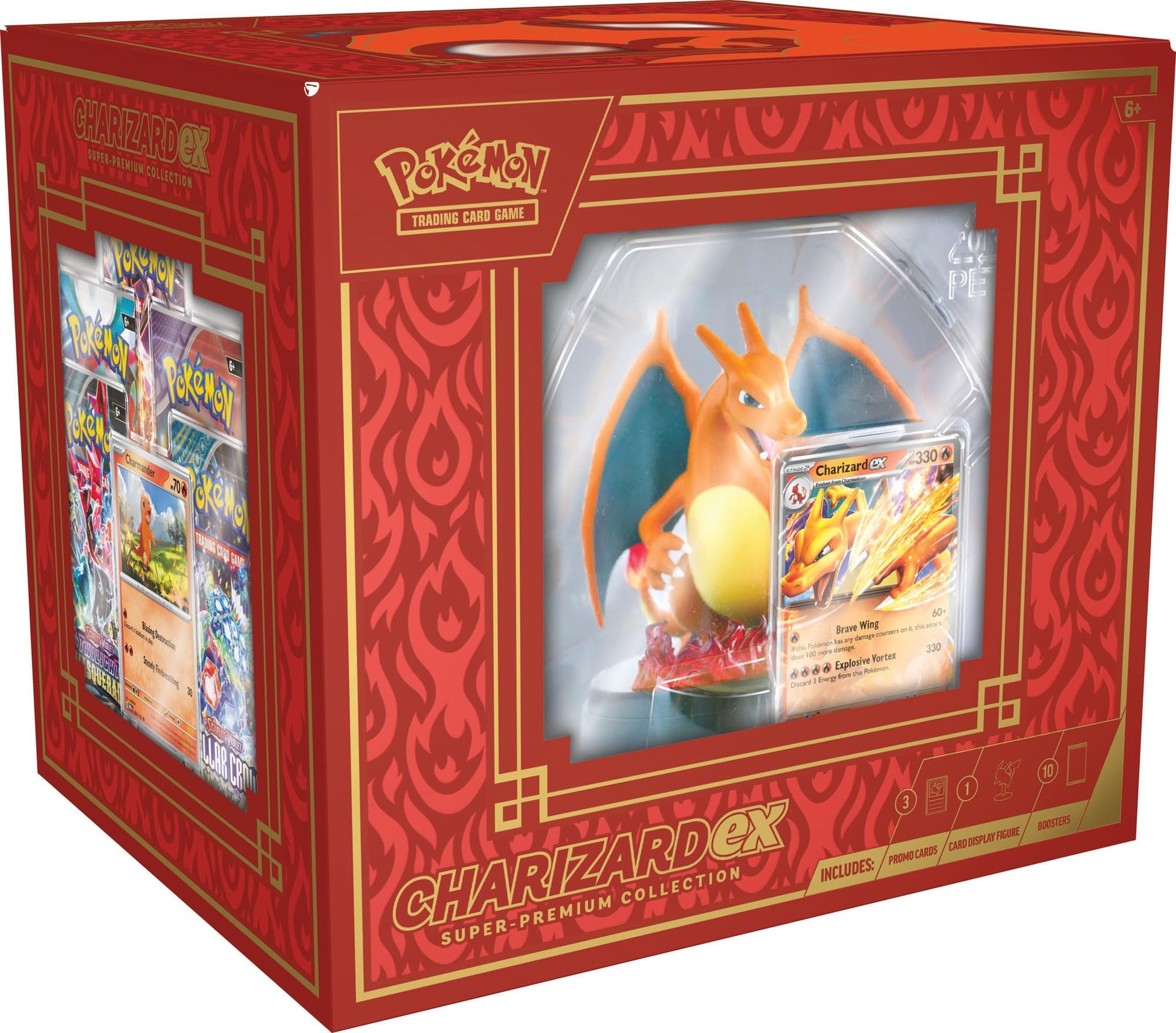 Pokémon Charizardéx Super Premium Collection packaging with red and gold design.
