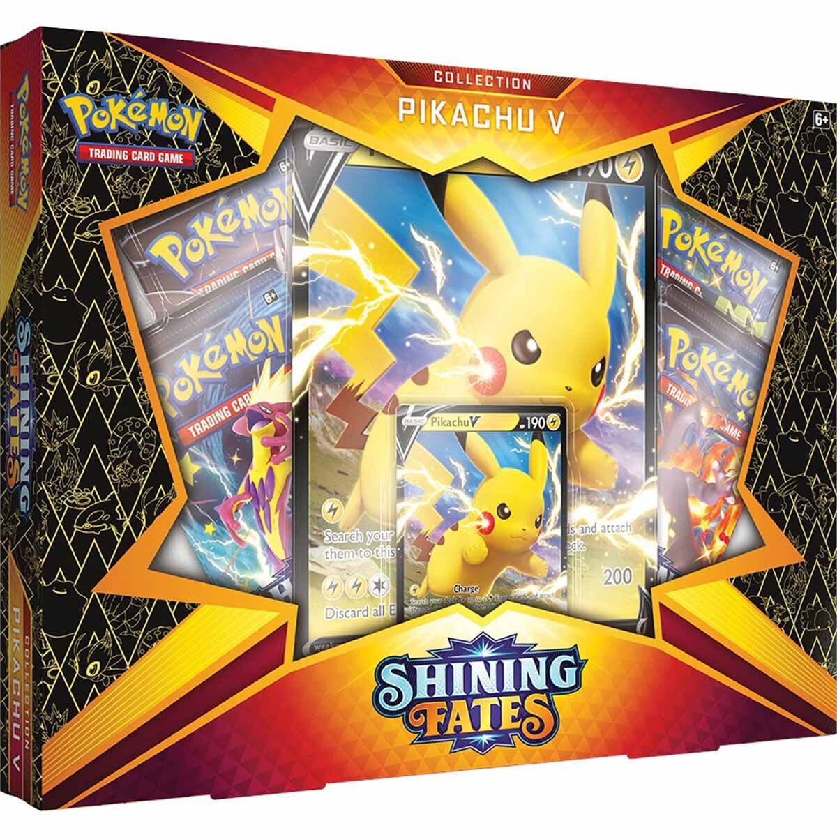 Pokémon trading card game collection featuring Pikachu V with 'Shining Fates' branding.