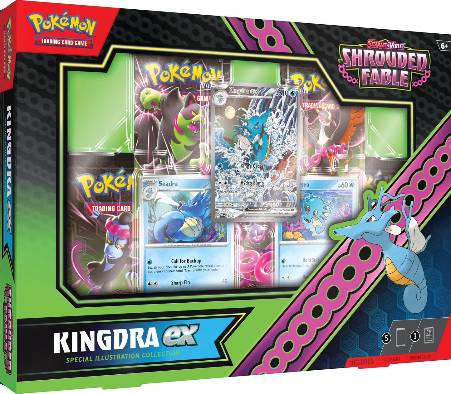 Pokémon trading card game packaging featuring Kingdra ex illustration collection